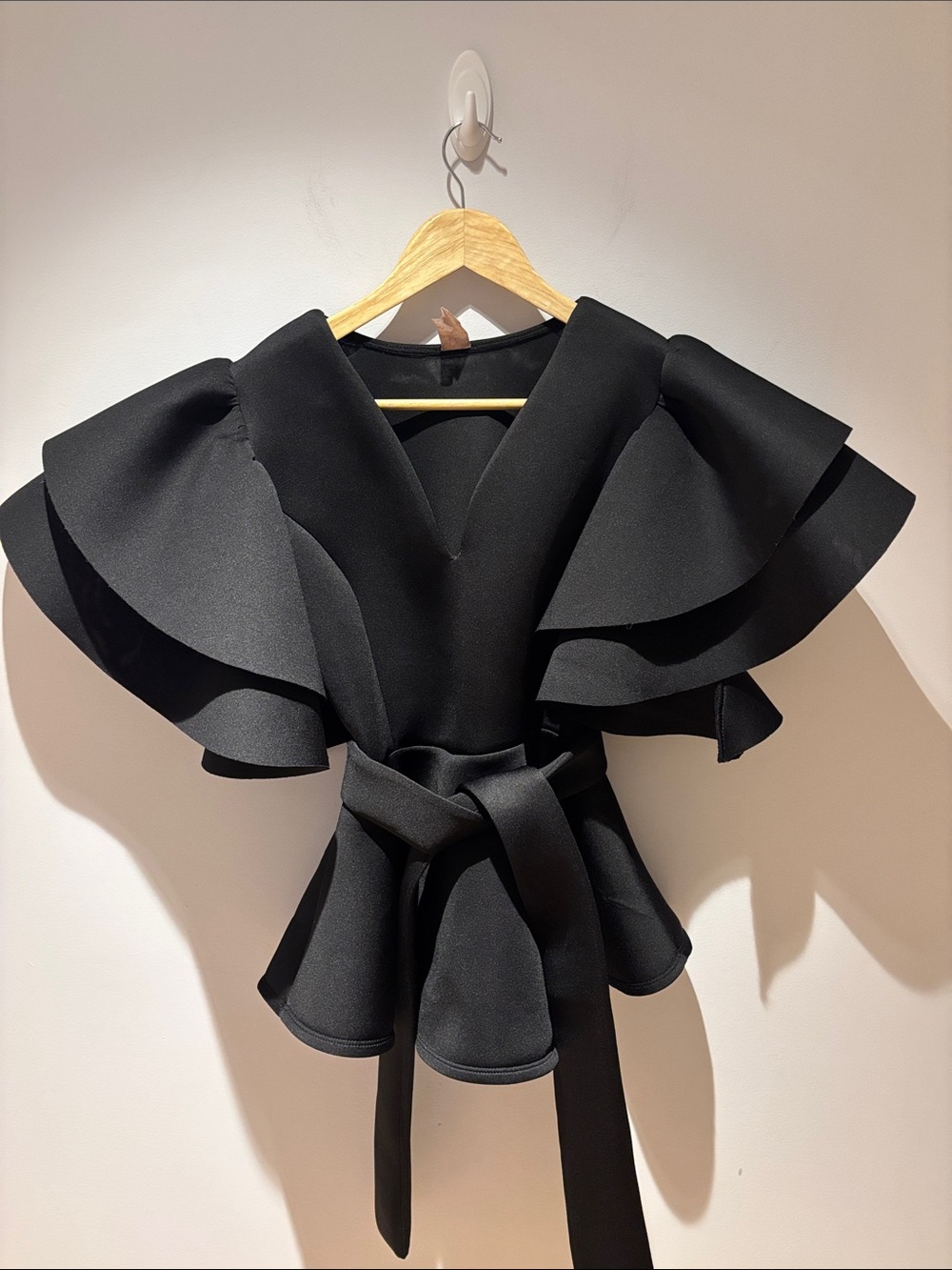 Black Sculptural Ruffle Peplum Top | Statement Sleeve | Scuba Knit | Size Medium